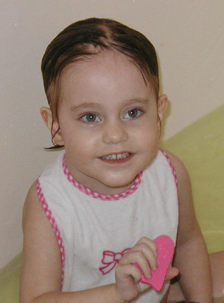 Sophie in the bathtub--the thinning hair is becoming more obvious
